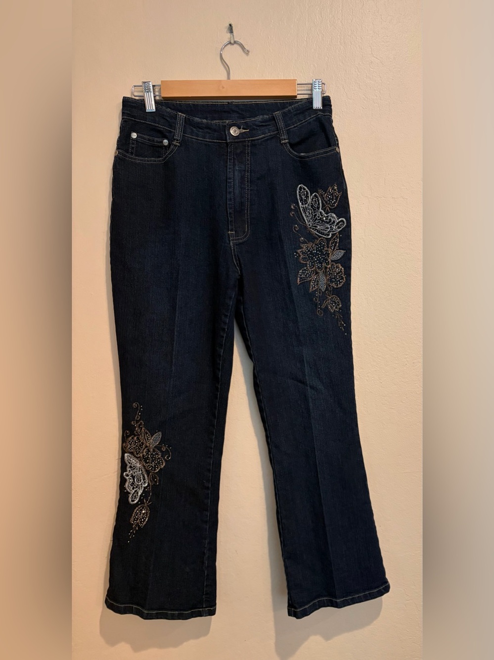 Early Y2K Shy Ger Dark Denim Jeans w/ Embellished Butterflies & Flowers
